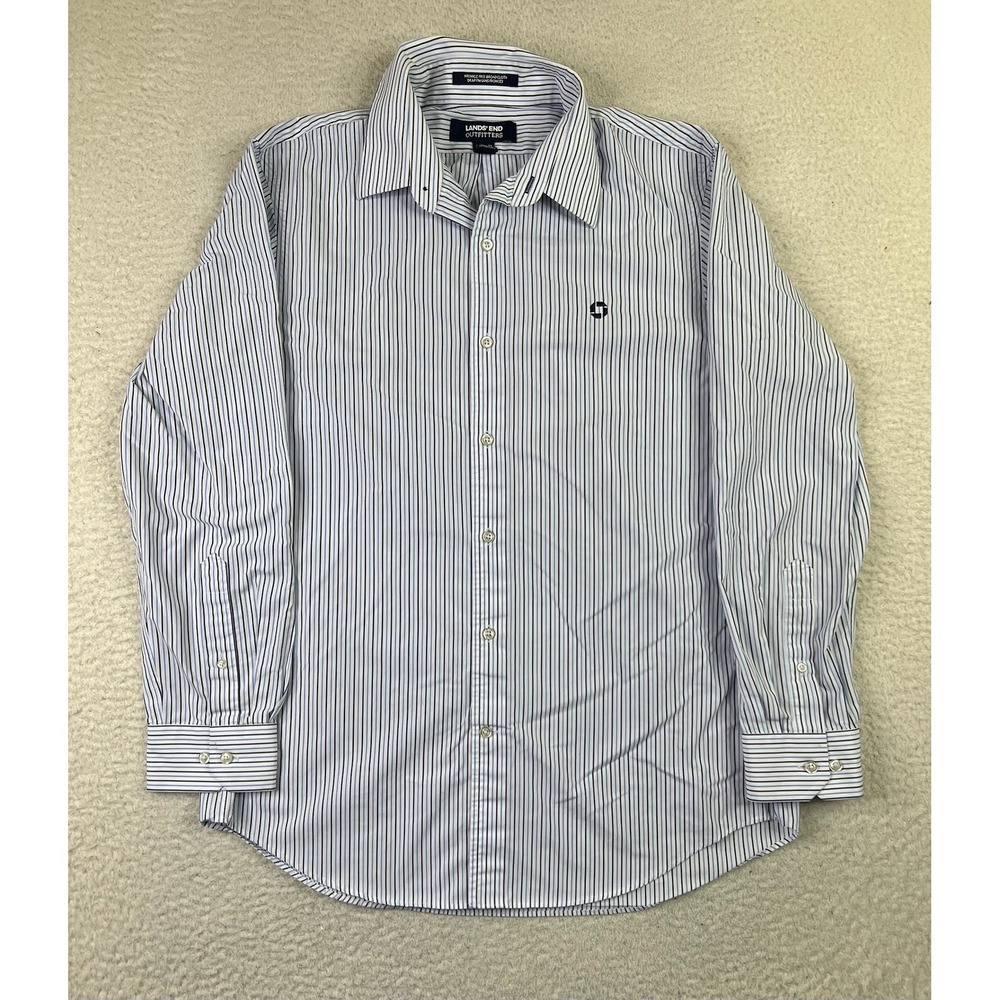 Lands End Shirt Mens 16x33 Blue White Striped Slim Fit Wrinkle Free‎ Broadcloth